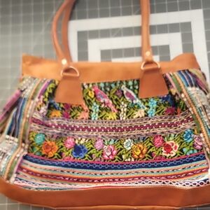 Floral Embroidered Tote Bag with Tan Accents